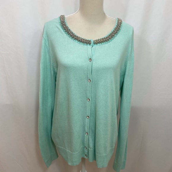 New York & Company Sweaters - New York Company Green Teal Cardigan Sweater Crystal Embellished Women’s XL